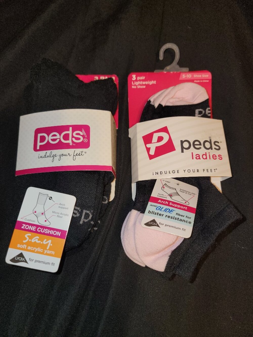 6 Peds Socks 3 Black Pink No Show 3 Black Crew 5-10 Shoe Size Arch Support Soft
